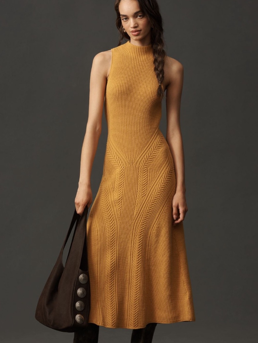 Anthropologie mock neck knit maxi dress in soft aged gold